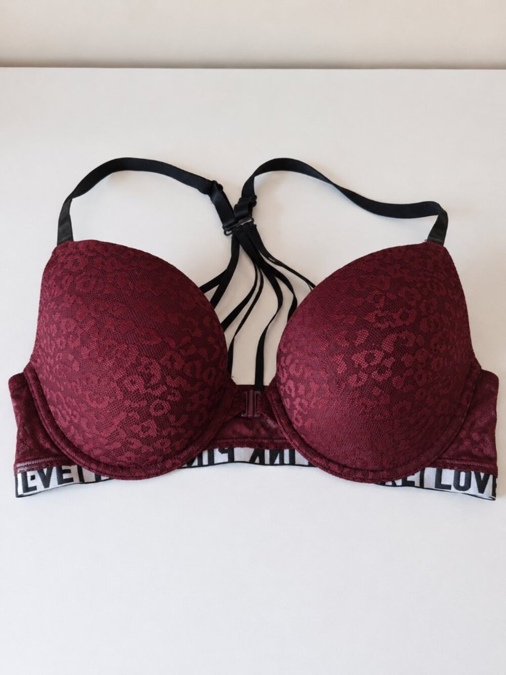 PINK Victoria's Secret Burgundy Lace Strappy back Front-Close Push-Up Bra 36C